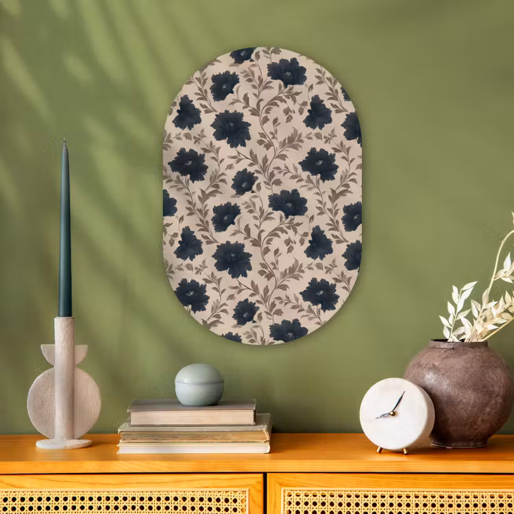 Motief - Bloemen - Zwart - Beige Wandcirkel Ovaal Forex klein 630 -sfeer2