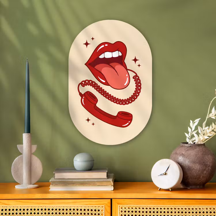 Mond - Telefoon - Popart - Rood - Illustratie Wandcirkel Ovaal Forex klein -sfeer2