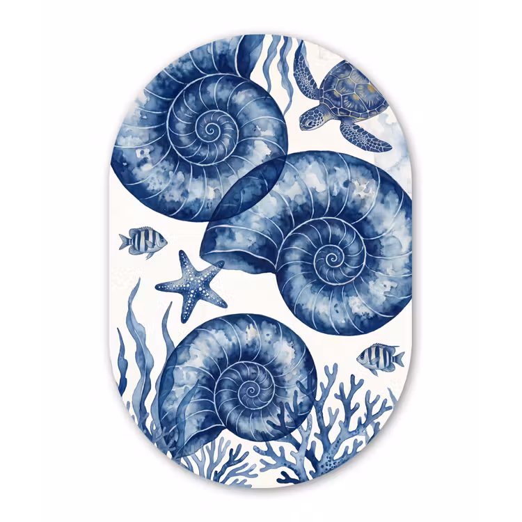 Schelp - Spiraal - Zeeleven - Aquarel - Blauw Wandcirkel Ovaal Forex klein -3d