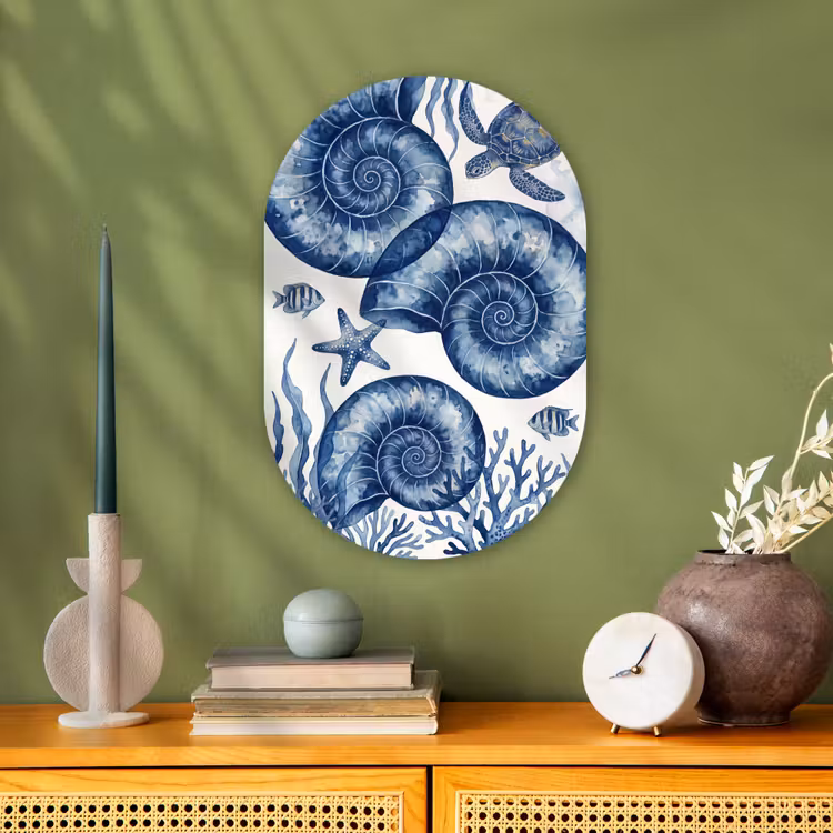 Schelp - Spiraal - Zeeleven - Aquarel - Blauw Wandcirkel Ovaal Forex klein -sfeer2