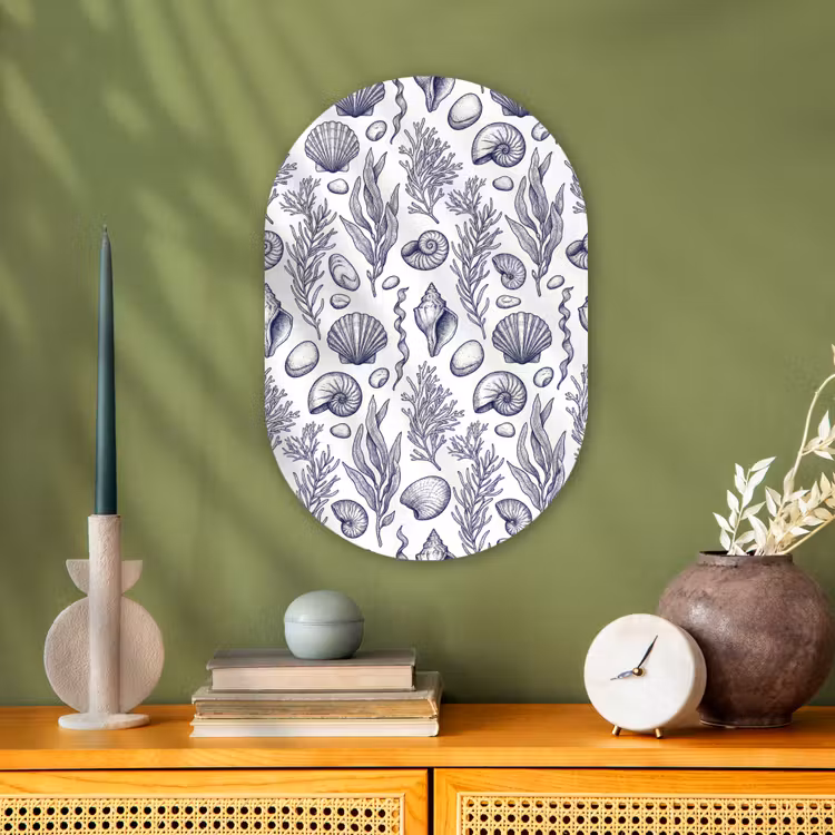 Schelpen - Zeewier - Oceaan - Illustratie - Blauw Wandcirkel Ovaal Forex klein -sfeer2