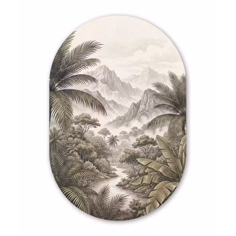 Natuur - Bergen - Rivier - Tropisch - Vintage Wandcirkel Ovaal Forex klein -3d