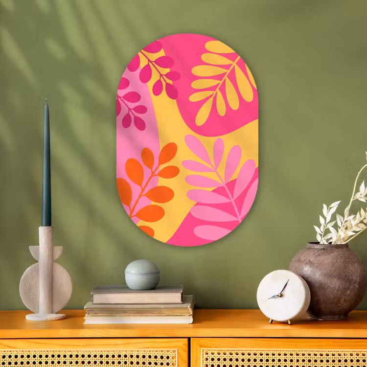 Natuur - Bladeren - Abstract - Roze - Geel Wandcirkel Ovaal Forex klein -sfeer2