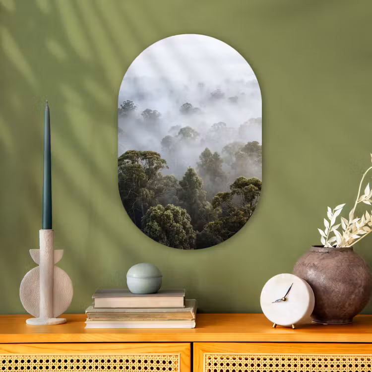 Natuur - Mist - Bos - Ochtend - Goud Wandcirkel Ovaal Forex klein -sfeer2