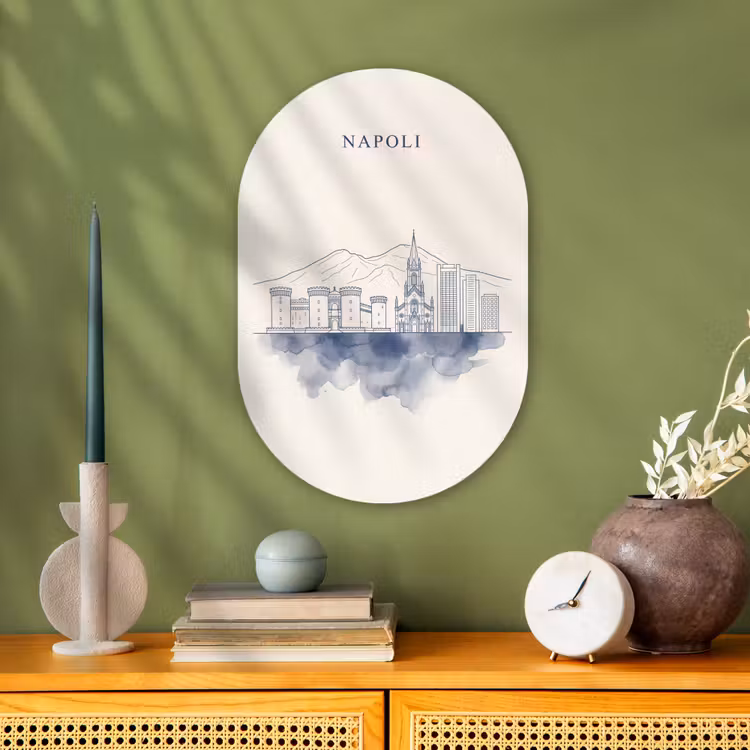 Napels - Skyline - Italie - Lijntekening - Aquarel Wandcirkel Ovaal Forex klein -sfeer2