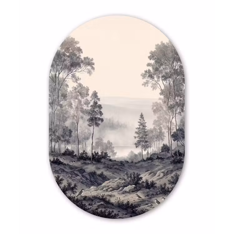 Mistig - Berglandschap - Illustratie Wandcirkel Ovaal Forex klein -3d