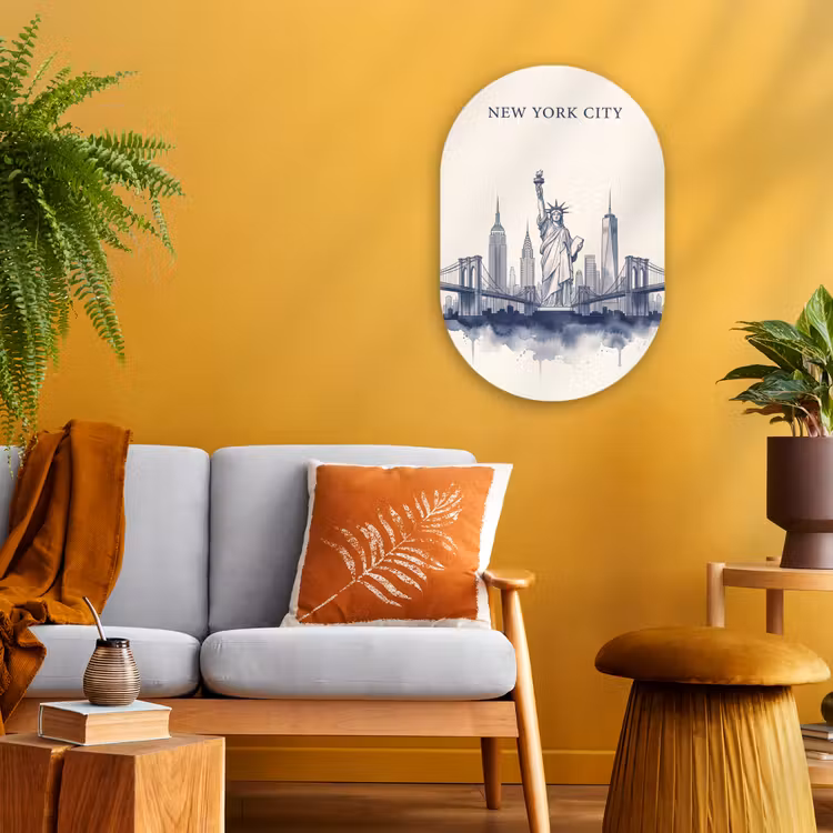 New York - Vrijheidsbeeld - Skyline - Illustratie - Blauw Wandcirkel Ovaal Forex klein -sfeer4