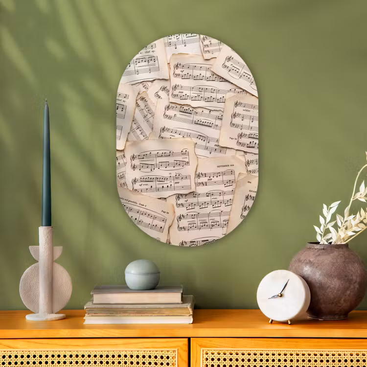 Bladmuziek - Oud - Noten - Vintage - Beige Wandcirkel Ovaal Forex klein -sfeer2