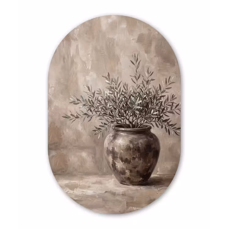 Olijfplant - Aardenpot - Abstract - Beige Wandcirkel Ovaal Forex klein -3d