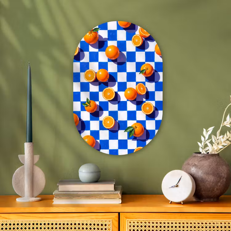 Forexbild Oval - Orange – Kariert – Essen - Sinaasappel - Geruit - Eten Wandcirkel Ovaal Forex klein