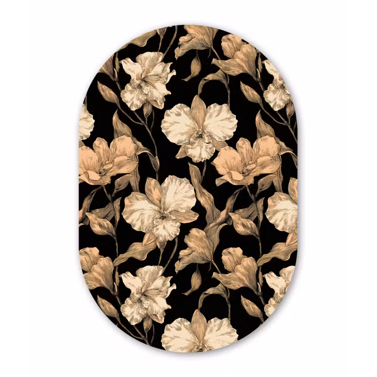 Orchideeën - Lijntekening - Patroon - Beige - Zwart Wandcirkel Ovaal Forex klein 630 -3d