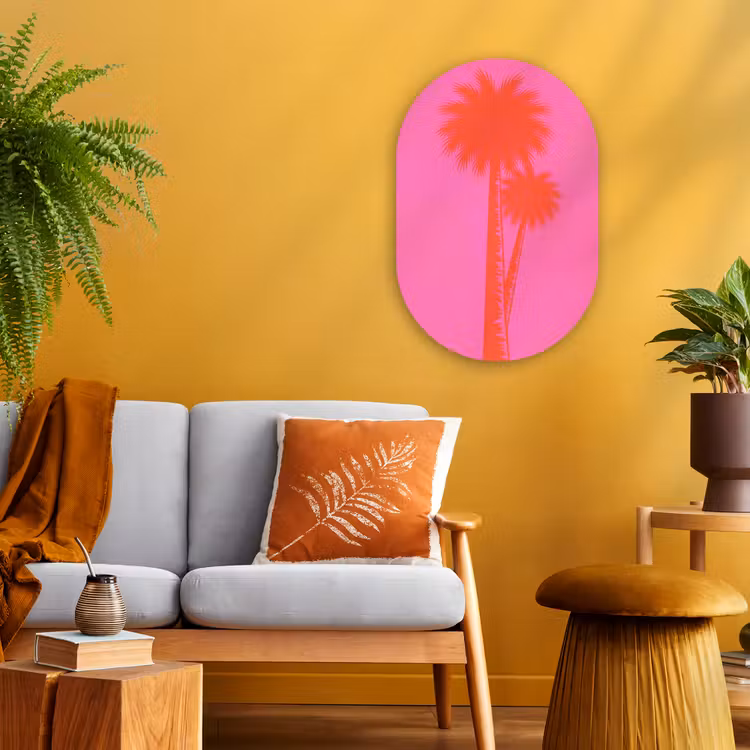 Palmbomen - Modern - Roze Wandcirkel Ovaal Forex klein -sfeer4