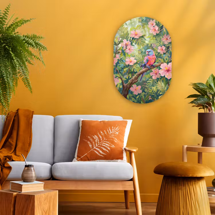 Papagaai - Hibiscusbloemen - Kleurrijk Wandcirkel Ovaal Forex klein -sfeer4