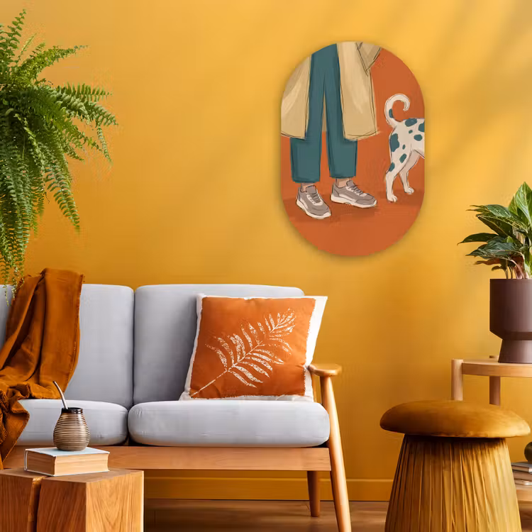 Persoon - Hond - Dieren - Illustratie - Modern Wandcirkel Ovaal Forex klein -sfeer4