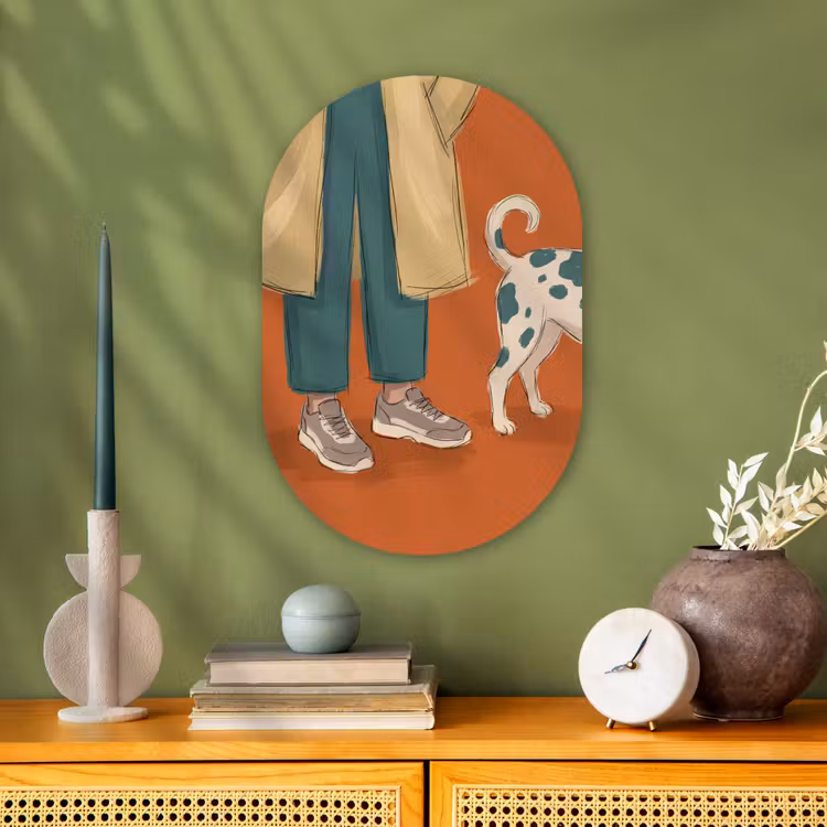 Persoon - Hond - Dieren - Illustratie - Modern Wandcirkel Ovaal Forex klein -sfeer2