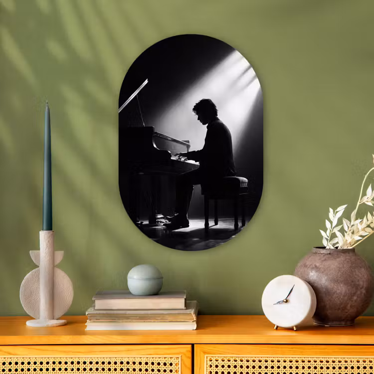 Persoon - Piano - Muziek - Zwart-wit - Podium Wandcirkel Ovaal Forex klein -sfeer2