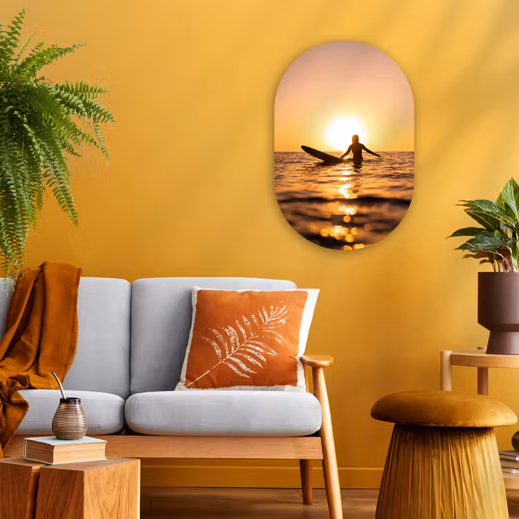Persoon - Surfen - Zonsondergang - Zee - Oranje Wandcirkel Ovaal Forex klein -sfeer4