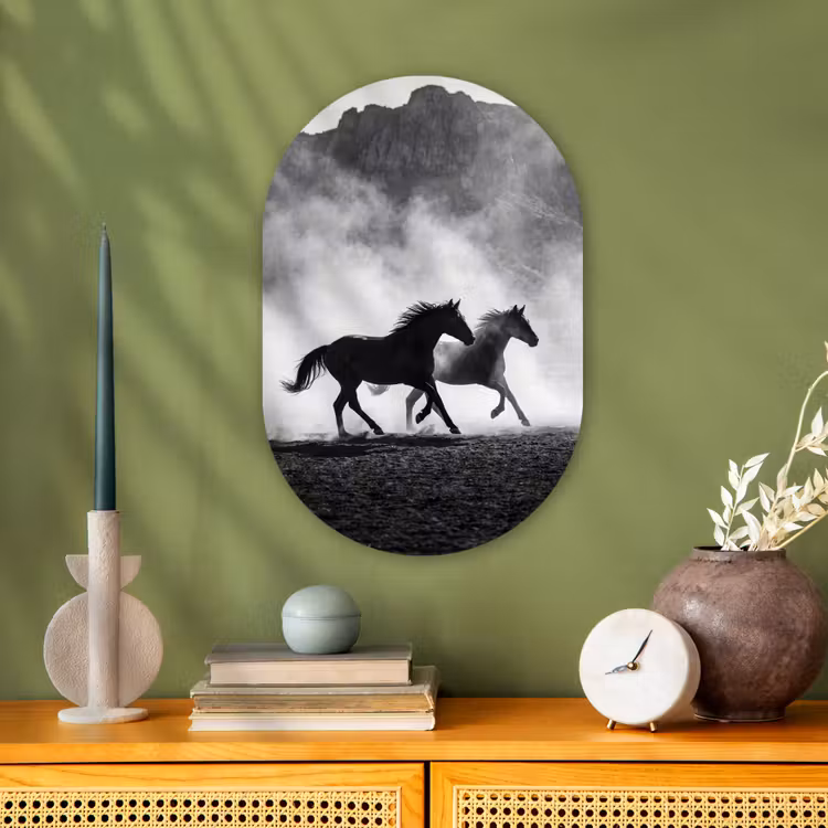 Paard - Ren - Stof - Zwart-wit - Dieren Wandcirkel Ovaal Forex klein -sfeer2