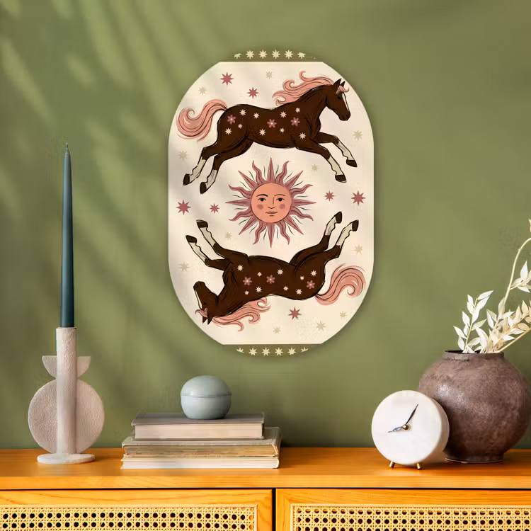 Paard - Zon - Mystiek - Illustratie - Roze Wandcirkel Ovaal Forex klein -sfeer2