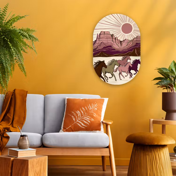 Paarden - Rennend - Woestijn - Natuur - Abstract Wandcirkel Ovaal Forex klein -sfeer4