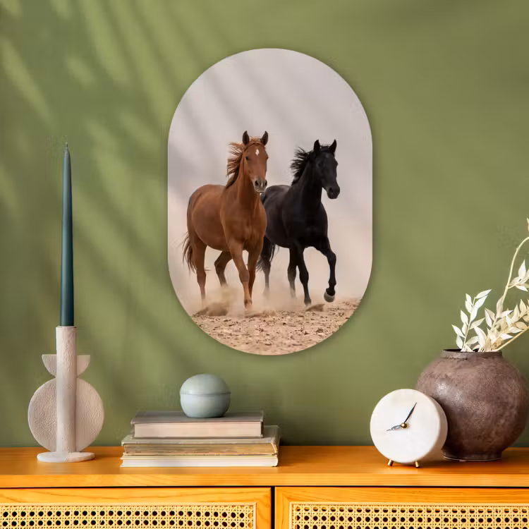 Kudde paarden - Stofwolk - Bruin - Zwart Wandcirkel Ovaal Forex klein -sfeer2