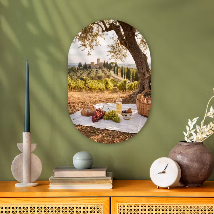 Picknick - Wijngaard - Landschap - Zomer - Eten Wandcirkel Ovaal Forex klein -sfeer2