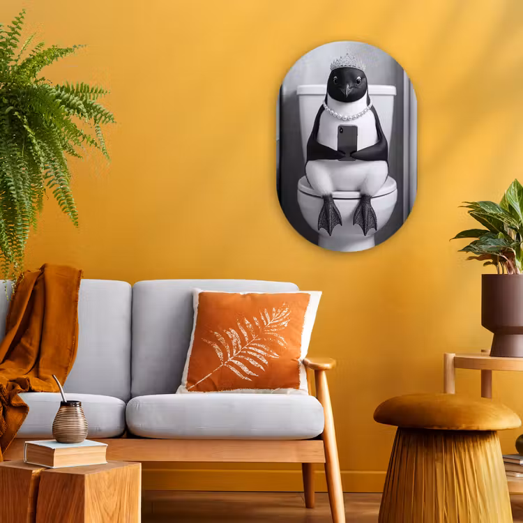 Pinguïn - Telefoon - Toilet - Zwart - Wit Wandcirkel Ovaal Forex klein -sfeer4