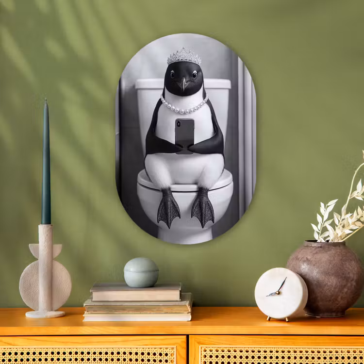 Pinguïn - Telefoon - Toilet - Zwart - Wit Wandcirkel Ovaal Forex klein -sfeer2