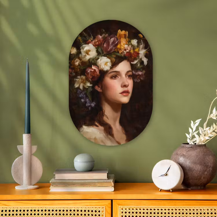 Portret - Vrouw - Bloemen Wandcirkel Ovaal Forex klein -sfeer2