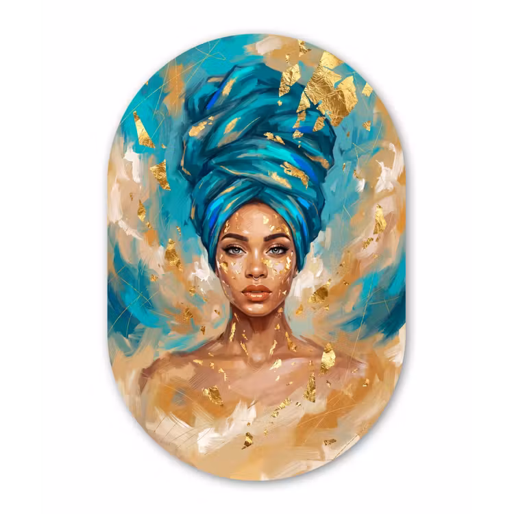 Portret - Vrouw - Schilderij - Blauw - Goud - Expressief Wandcirkel Ovaal Forex klein -3d