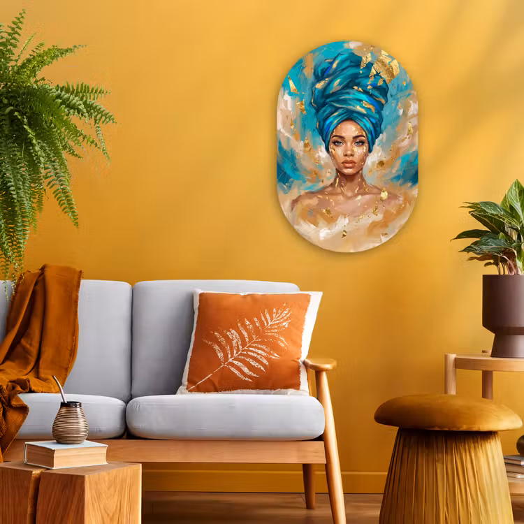 Portret - Vrouw - Schilderij - Blauw - Goud - Expressief Wandcirkel Ovaal Forex klein -sfeer4