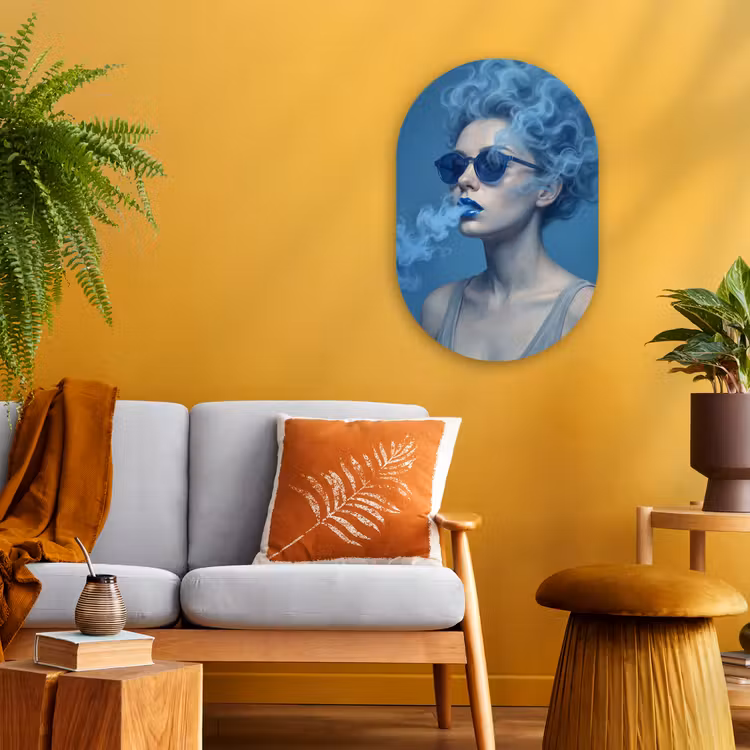 Portret - Zonnebril - Rook - Abstract - Blauw Wandcirkel Ovaal Forex klein -sfeer4