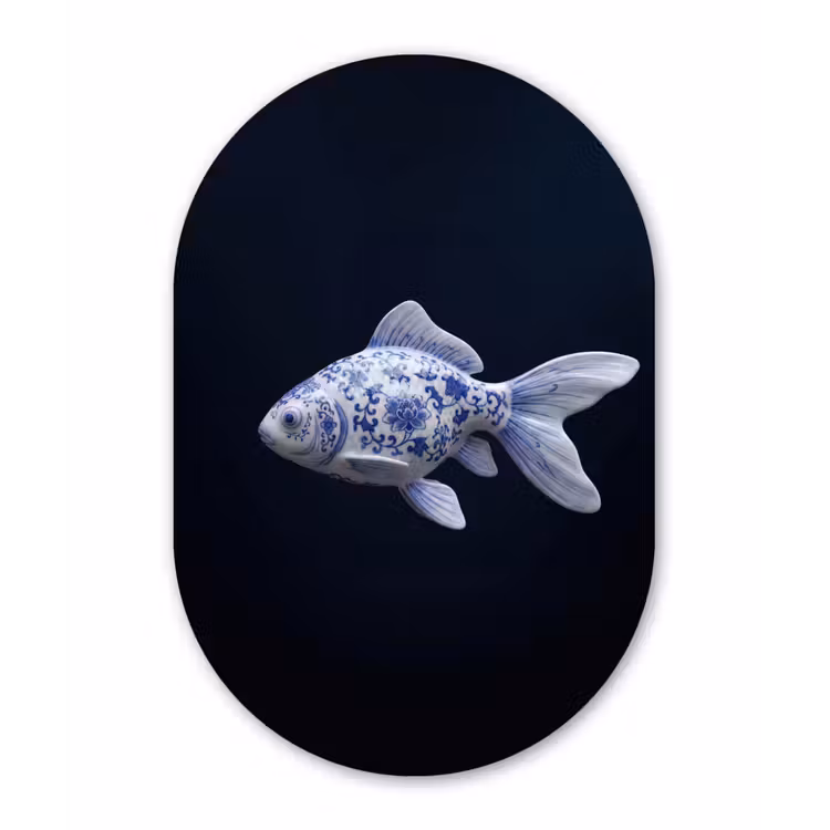 Porselein - Goudvis - Delfts - Blauw Wandcirkel Ovaal Forex klein -3d