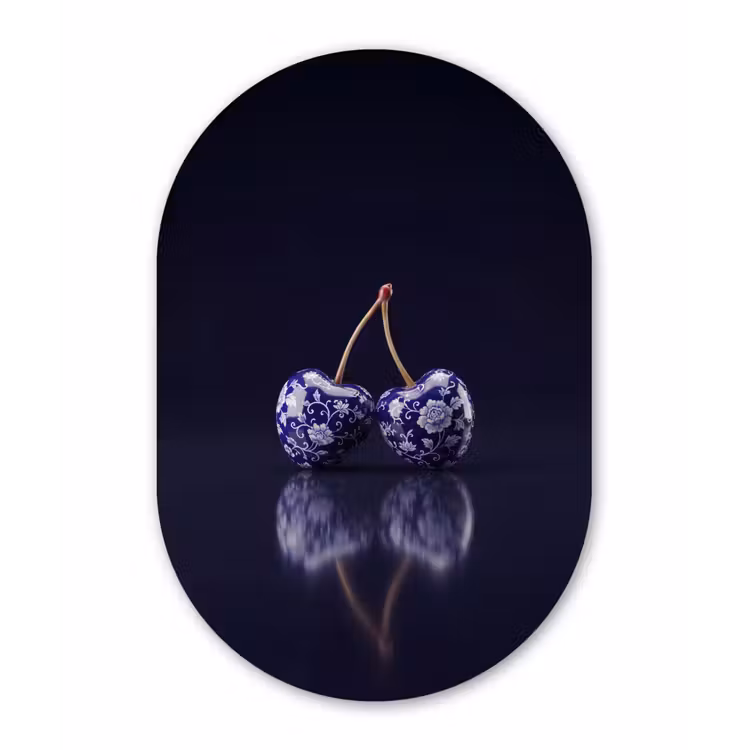 Porselein- Kersen - Delfts - Blauw Wandcirkel Ovaal Forex klein -3d