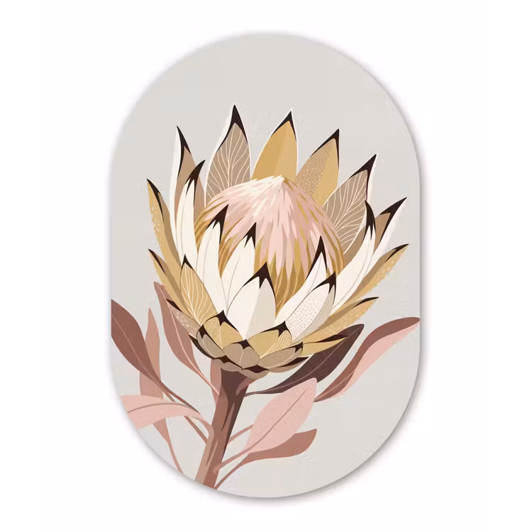 Protea - Bloem - Botanisch - Beige Wandcirkel Ovaal Forex klein -3d