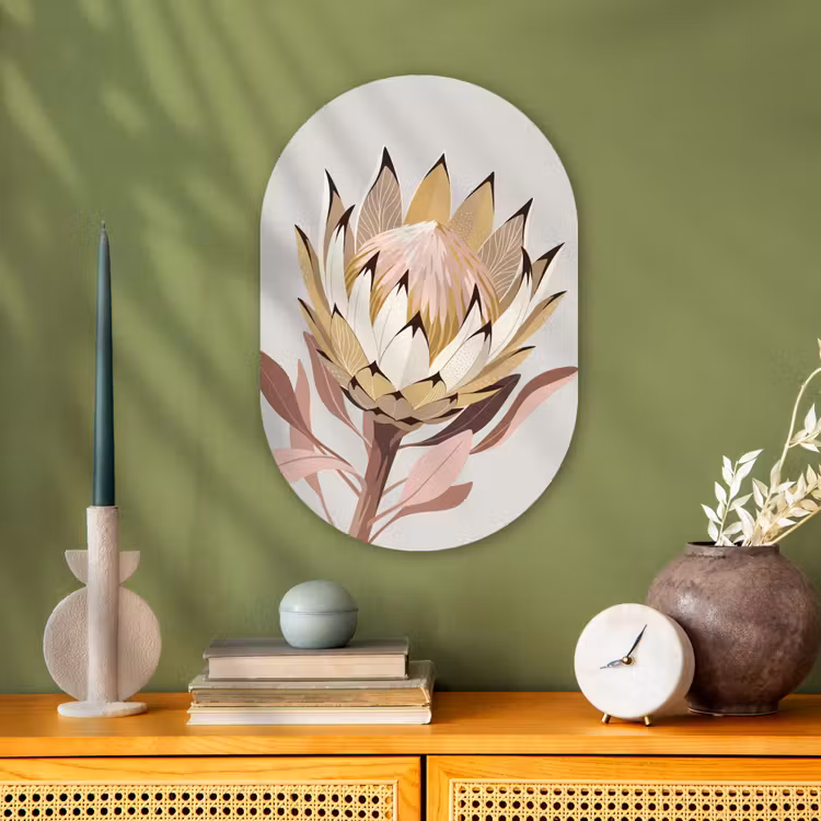 Protea - Bloem - Botanisch - Beige Wandcirkel Ovaal Forex klein -sfeer2