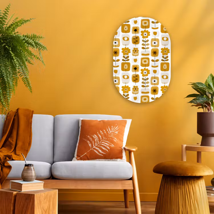 Retro - Abstract - Bloemen - Okergeel Wandcirkel Ovaal Forex klein 630 -sfeer4