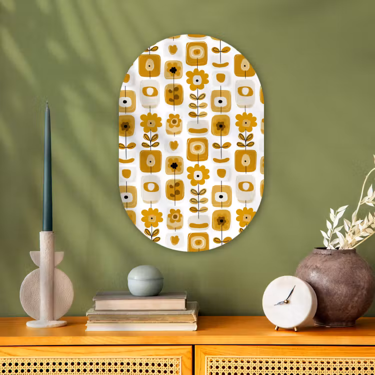 Retro - Abstract - Bloemen - Okergeel Wandcirkel Ovaal Forex klein 630 -sfeer2