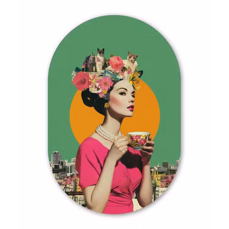 Retro - Vrouw - Stad - Zon Wandcirkel Ovaal Forex klein -3d