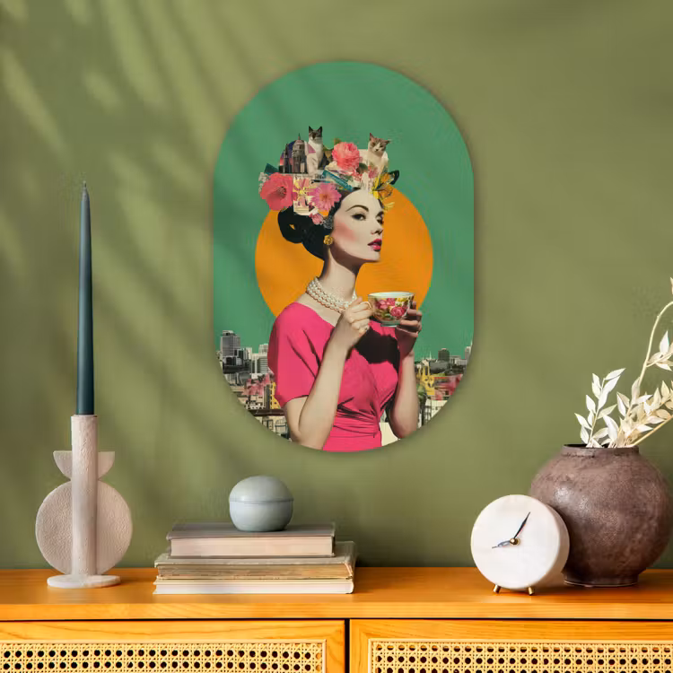 Retro - Vrouw - Stad - Zon Wandcirkel Ovaal Forex klein -sfeer2