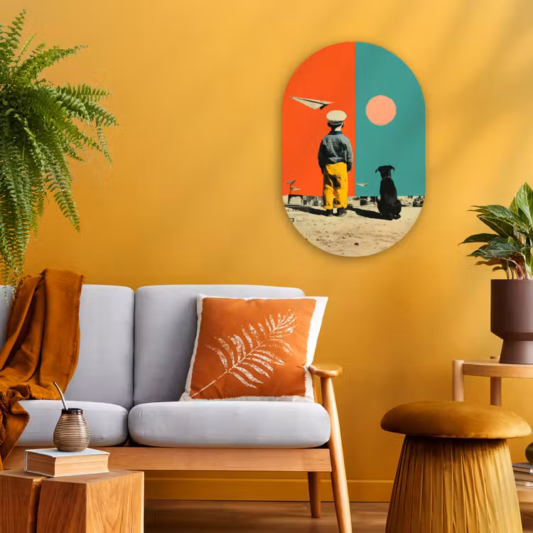 Retro - Jongen - Hond - Rood - Groen Wandcirkel Ovaal Forex klein -sfeer4