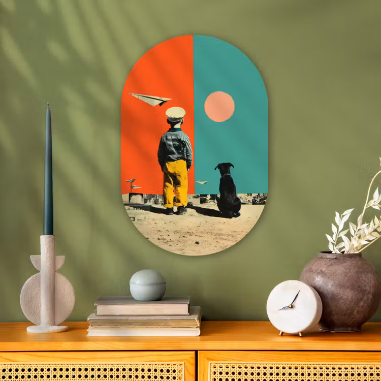 Retro - Jongen - Hond - Rood - Groen Wandcirkel Ovaal Forex klein -sfeer2