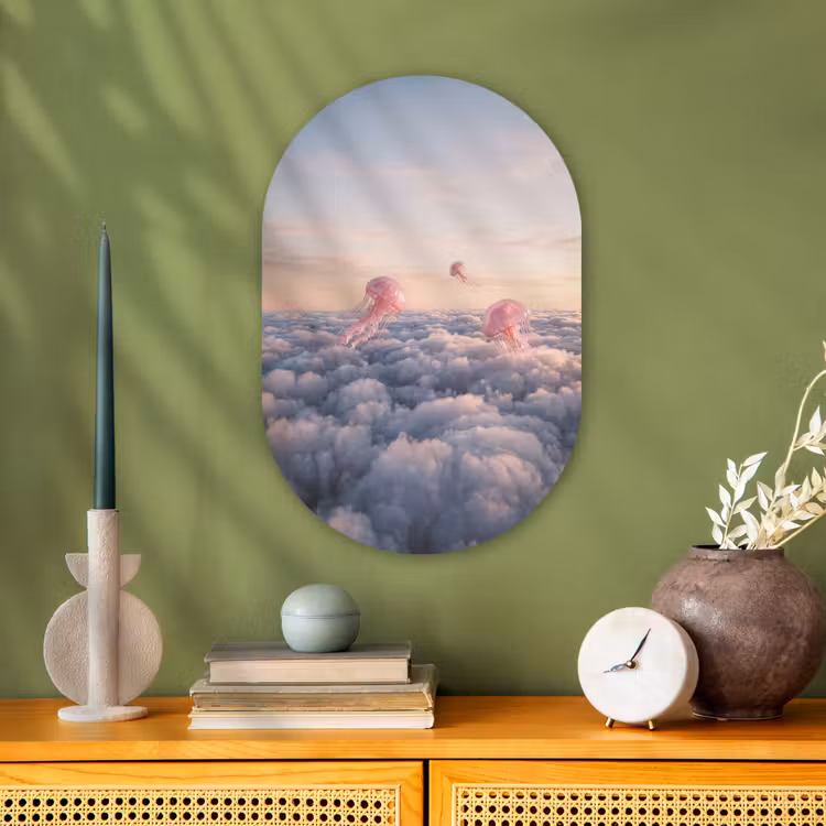 Forexbild Oval - Rosa Tier – Wolken - Roze dier - Wolken Wandcirkel Ovaal Forex klein