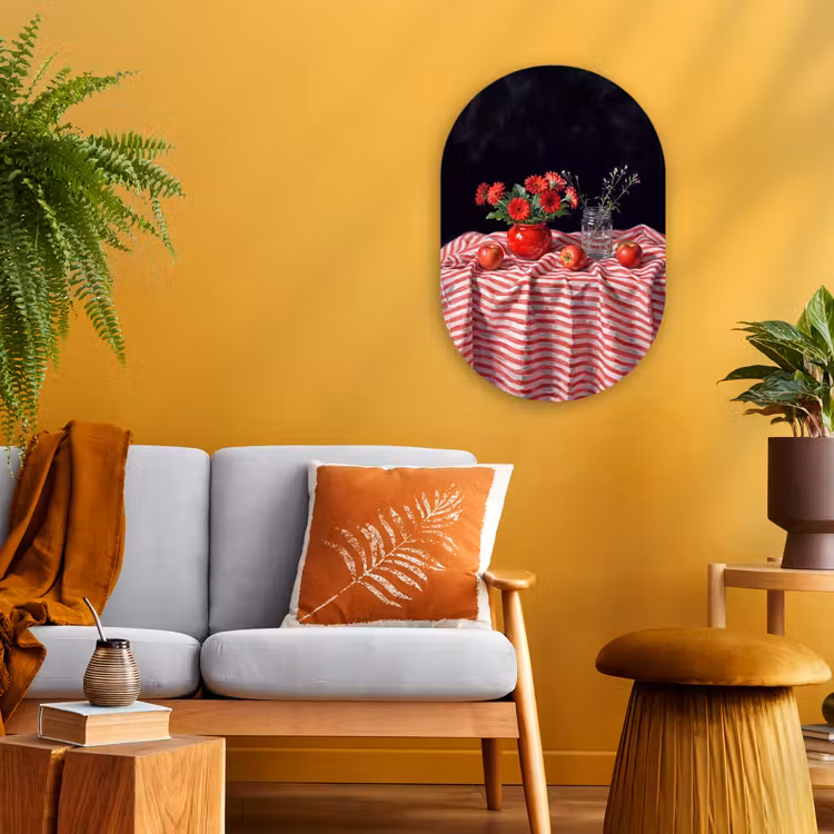 Forexbild Oval - Rote Blumen – Vase - Rode bloemen - Vaas Wandcirkel Ovaal Forex klein