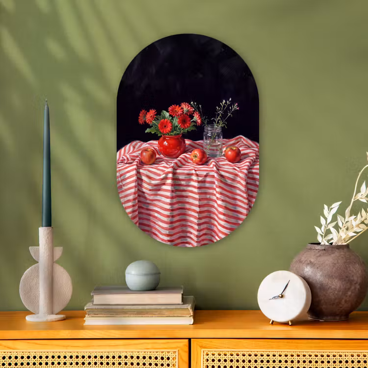 Forexbild Oval - Rote Blumen – Vase - Rode bloemen - Vaas Wandcirkel Ovaal Forex klein