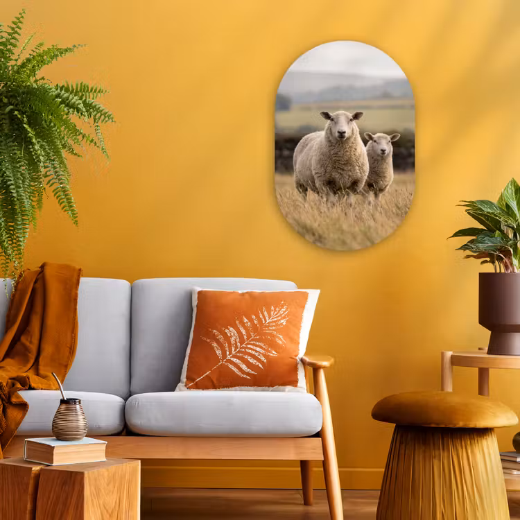 Schapen - Weidenlandschap - Heuvels Wandcirkel Ovaal Forex klein -sfeer4