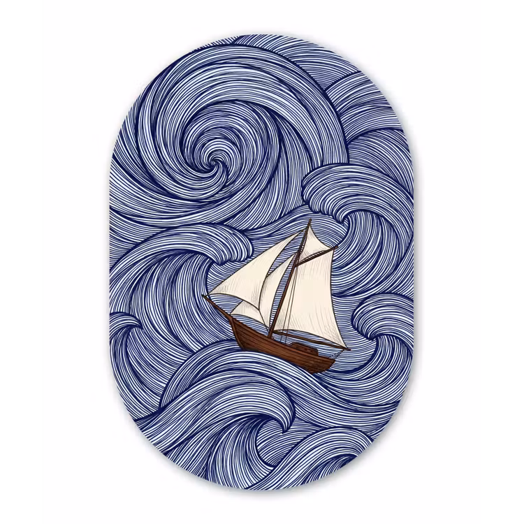 Schip - Golven - Zee - Illustratie - Blauw Wandcirkel Ovaal Forex klein -3d
