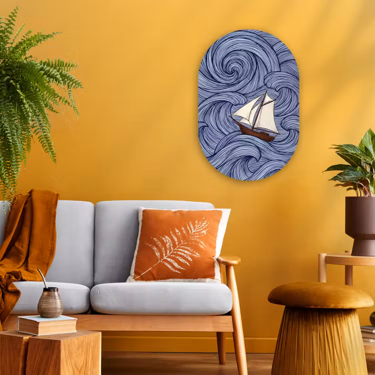 Schip - Golven - Zee - Illustratie - Blauw Wandcirkel Ovaal Forex klein -sfeer4