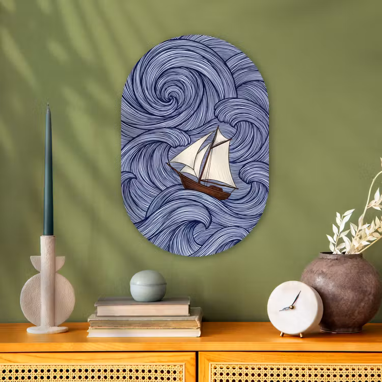 Schip - Golven - Zee - Illustratie - Blauw Wandcirkel Ovaal Forex klein -sfeer2