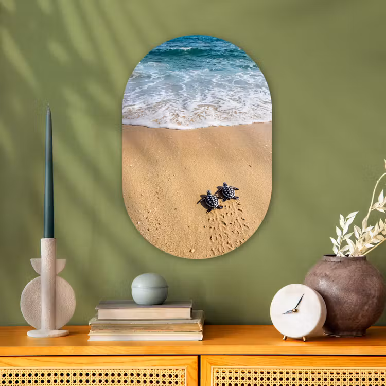 Schildpad - Jong - Strand - Oceaan - Blauw Wandcirkel Ovaal Forex klein -sfeer2